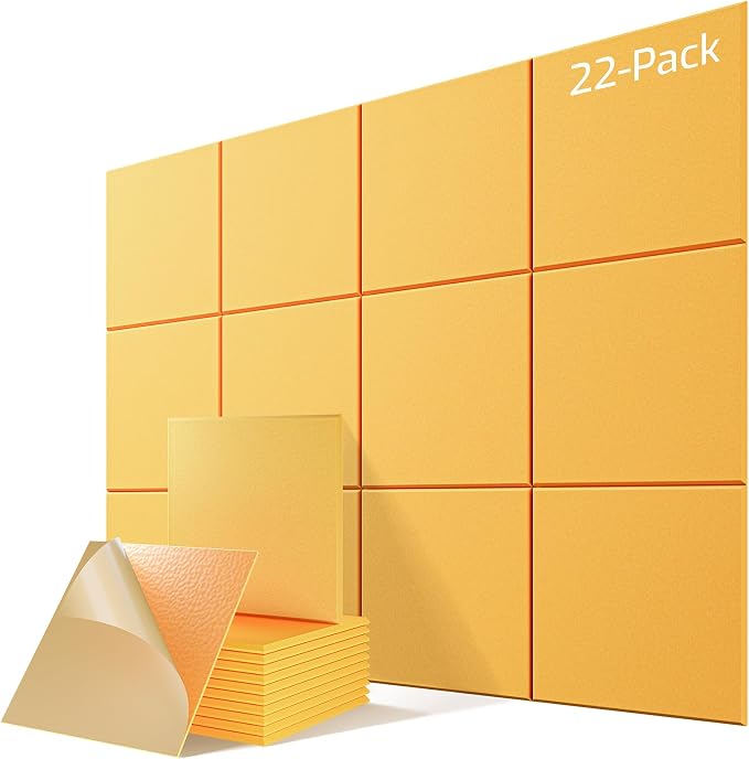 22 Pack Self-Adhesive Acoustic Panels, 12" X 12" X 0.4" High-Density Sound Proof Foam Panels for Walls, Soundproof Wall Panels for Home & Office (Gold) by Lebenforce