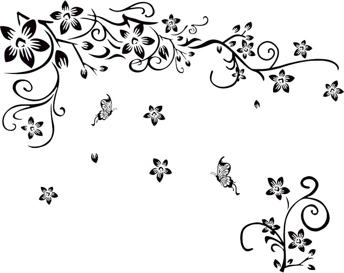 Removable Vinyl Black Flowers and Flower Vines Wall Decals DIY Home Art Decor Decorative Wall Sticker Murals for Kids Bedroom Living Room Tv Sofa Background Offices Wall Decorations by AMAMAONM