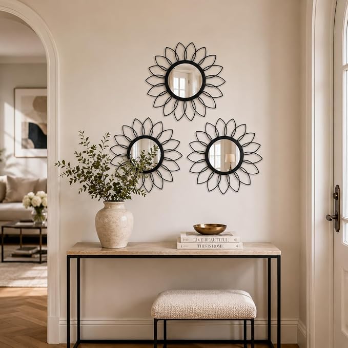 Black Flower Mirror Set of 3, 3PCS Metal Round Decorative Wall Mirrors, Floral Petal Accent Mirror Wall Decor for Living Room, Bedroom, Entryway & Bathroom - Image 4