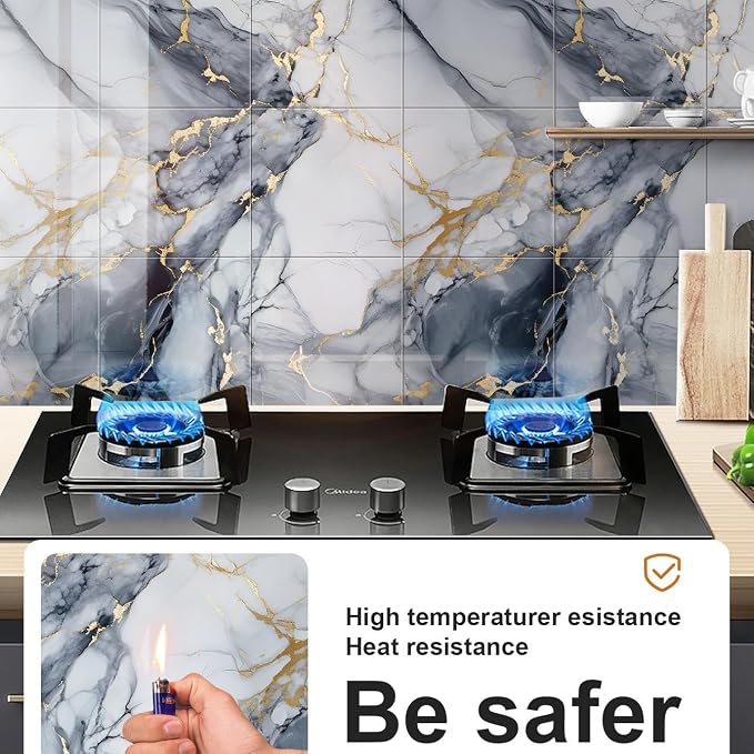 Chejiaye Peel and Stick Marble Wall Panels 11.8"x11.8"- Waterproof Self-Adhesive for Interior Wall Decor,PVC Foam Backsplash Tile for Kitchen,Bathroom,Bedroom,Blue&Gold(Not Real Tile,10PCS) - Image 7