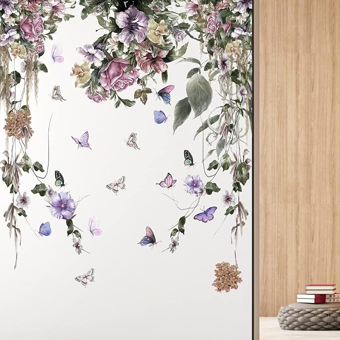 LiveGallery Purple Petunia Wall Decals Peony Flowers Stickers DIY Vinyl Peel and Stick Dark Style Art Murals for Girls Bedroom Living Room TV Sofa Backdrop Office Bathroom Wall Home - Image 5