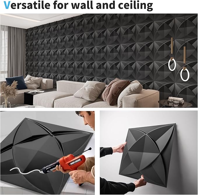 Art3d Waterproof 3D Textured PVC Decorative Wall Panels, 33-Pack, Black | Cover 32 Sq. Ft, Break-Proof, Scratch Resistant, Glue-Up, Anti-Sag, Ideal for Interior Wall Decor, Living Room, Bedroom - Image 4