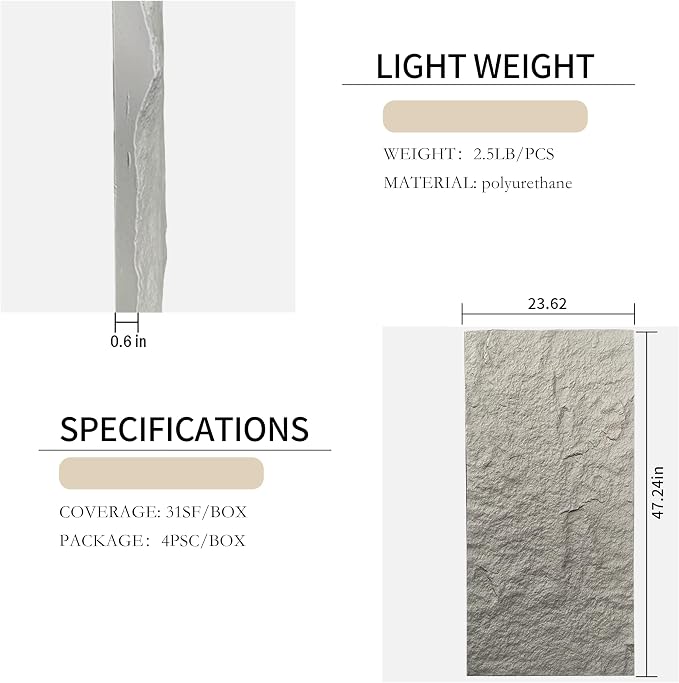 4-Pack 3D Faux Stone Wall Panels Rock Wall Panel Gray | 47.24"*23.62" PU Wall Panels Stone Texture for Interior Wall Decor, Lightweight & Waterproof - Image 2