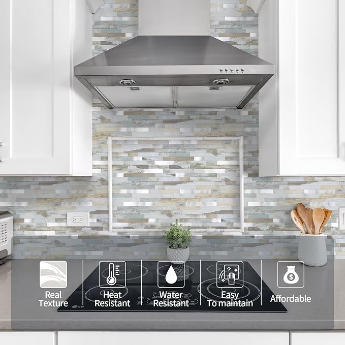 Yipscazo 20 Sheets Peel and Stick Wood Metal Tile Backsplash, Stick on Tiles for Backsplash Kitchen, Bathroom, Laundry Room, Camper, Fireplace (12'' X 12'', White Wood with Metal) - Image 2