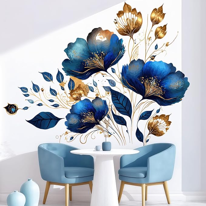 Blue Gold Floral Wall Decals, Flower Removable Wall Stickers Decor | Large luxurious peel and stick wall stickers, vinyl home decor art for nursery bedroom living room classroom office by VePret