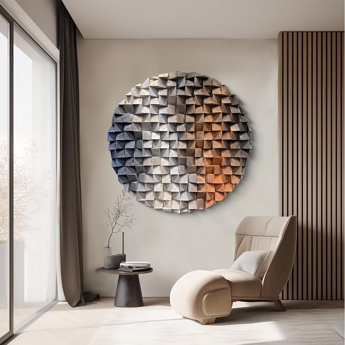 LIUZEYUE Large Round Wood Wall Art Featuring Sculptural Disc Texture | round 3D wall art; cool gray and rust, staggered mosaic surface; hotel lounge circular centerpiece; 47.2 in diameter - Image 5