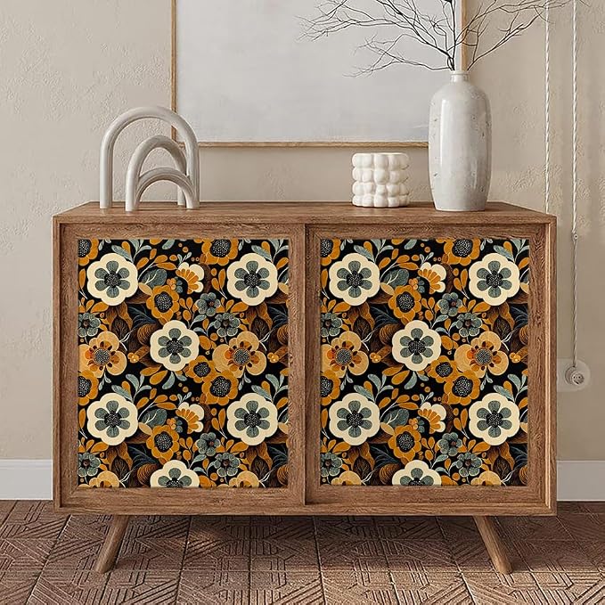 MuralPeel Boho Vintage Floral Orange Yellow Brown Flowers in Black Peel and Stick Wallpaper Self Adhesive Removable Easy Peel Off Contact Paper Stick on Wall Paper for Bedroom Cabinet Renter - Image 5