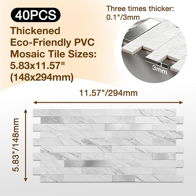 Peel and Stick Backsplash Tile Waterproof Removable PVC Wall Sticker 3D Faux Stone Marble Brick White Accent Panels (White Marble - Metal Silver, 40 Tiles - 18 sq. ft. (1.68 m²)) - Image 3