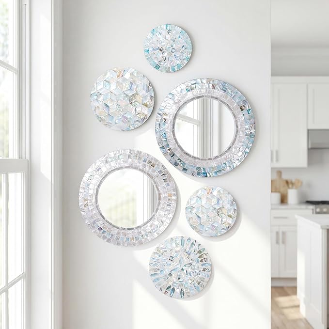 Novabright 6 Pcs Mirror Wall Decor 11.8 Inches Natural Mother of Pearl Shell Plate Coastal Wall Art Mosaic Sculpture Handmade Hanging Plates Arts for Bedroom Bathroom Home Office Hotel - Image 2