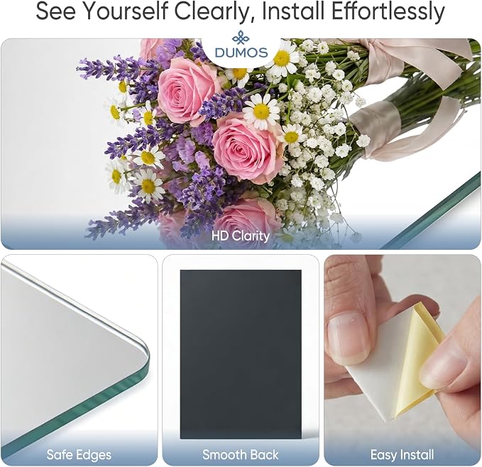 DUMOS 4 Pack Wall Mirror Tiles, Hallway Wall Mounted Mirror 16"x12" HD Glass Sheets, Square Mirrors for Walls, Full Length Mirrors Tiles for Home Gym, Bedroom, Door - Image 6