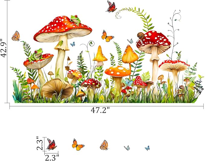 Mushroom Frog Butterflies Grass Woodland Forest Wall Decals Decor Stickers | Red spotted mushrooms fern leaves peel and stick wall stickers mural, removable vinyl wall decoration for living room bedroom - Image 2