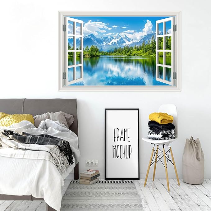 Fake Window Wall Decal Snow Mountain Lake Forest Wall Sticker Faux Window Poster Picture Open Wall Art Decor, Stick and Peel Landscape Natural Scenery Canvas Scene Mural,16"x24" - Image 8
