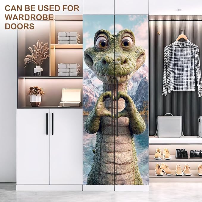 Cute Dragon Door Mural, Fantasy Green Creature Door Cover | Waterproof PVC, 30.3" W x 78.7" L; cute fantasy dragon design for bedroom, kids room, game room or closet doors. - Image 7