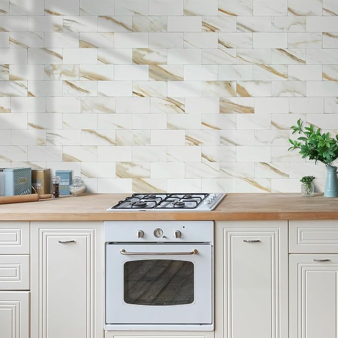 AULIGET 100-Piece Calacatta Gold Marble Look Peel and Stick Backsplash Wall Tiles, 3" x 6" Faxu Stone PVC Stick on Tile for Backsplash Kitchen, Bathroom, Laundry Room, Camper, Fireplace - Image 5