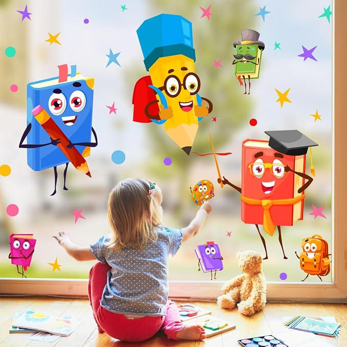 Cartoon Book Window Clings Colorful Double Side Kids Stickers for Classroom | Non-adhesive back to school stickers for glass funny static clings decoration pencil decals for nursery playroom door library - Image 7