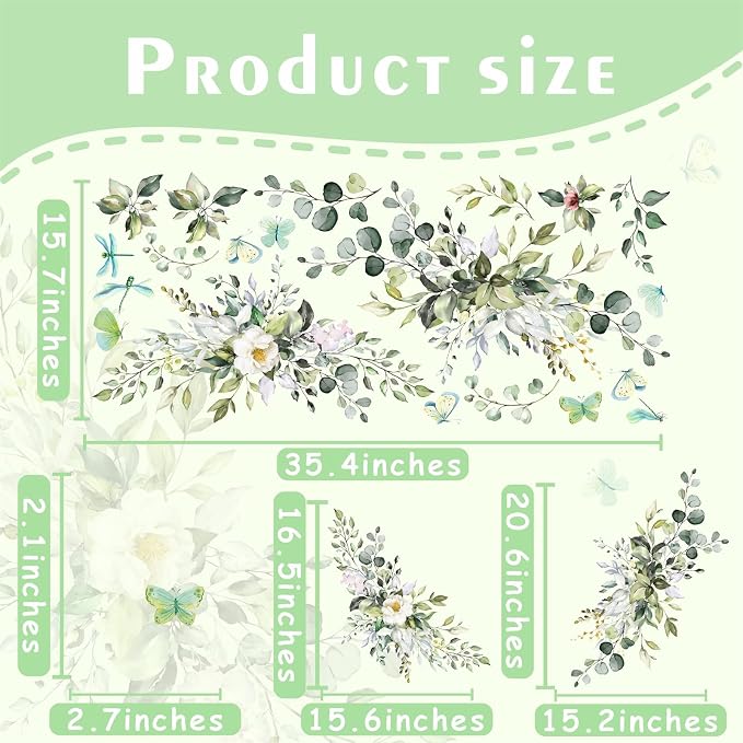 Green Leaves Wall Decals Hanging Vines Butterflies Art Mural Peel and Stick | Wall stickers, removable vinyl art mural, rustic plants, modern botanical, for living room bedroom bathroom nursery farmhouse - Image 4