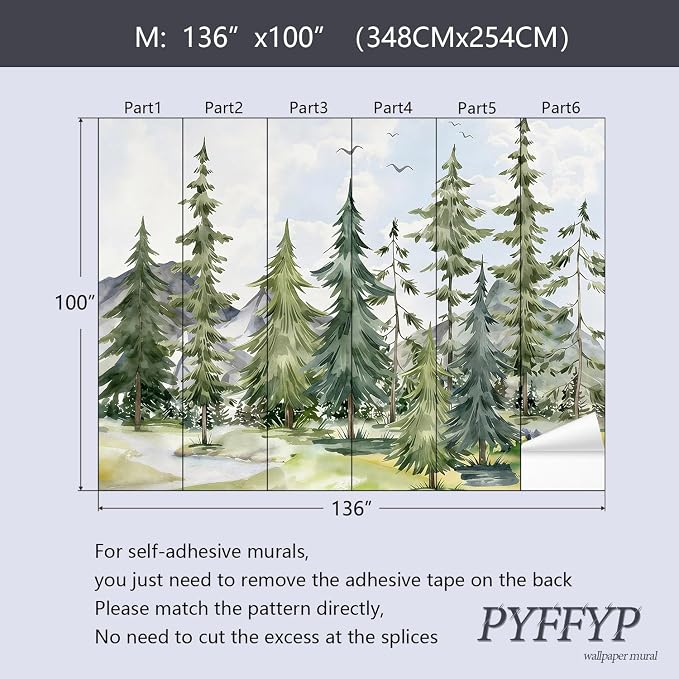 PYFFYP-Watercolor Cartoon Forest Pine Tree Peel and Stick Wallpaper Mural - Image 5