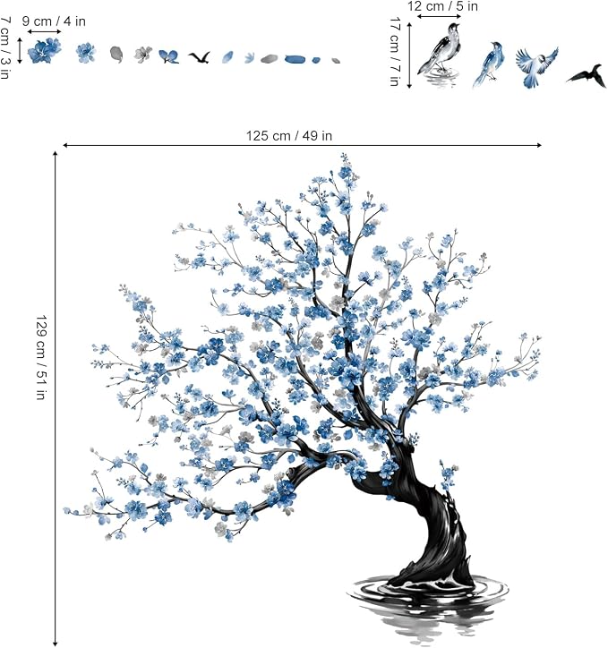 decalmile Blue Flower Tree Cherry Blossom Tree Wall Decals Stickers (XL) - Image 4