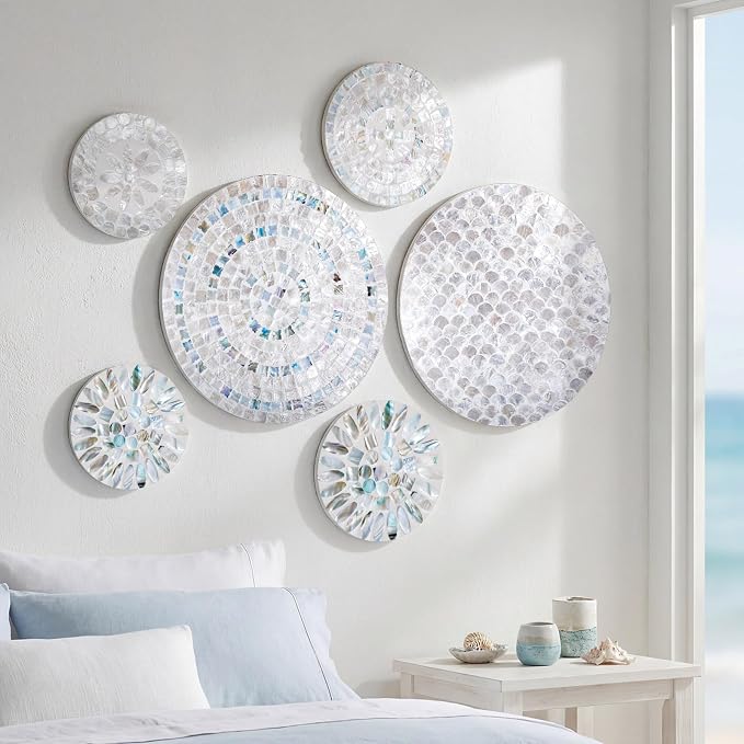 Novabright 6 Pcs Shell Wall Decor 11.8 Inches Natural Mother of Pearl Shell Plate Coastal Wall Art Mosaic Sculpture Handmade Hanging Plates Arts for Bedroom Bathroom Home Office Hotel - Image 4