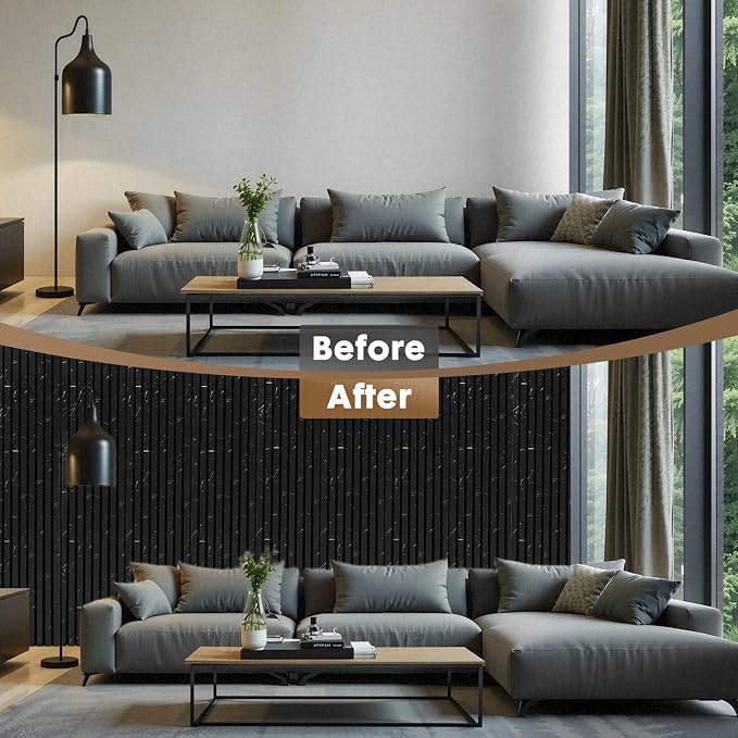 Wood Slatwall Panels, 2 Pack 94.5"x12.6"(16.5ft²) Acoustic Wall Panels | Wood Slat Acoustic Panels for Noise Cancelling and Home Decor, Living Room, Bedroom, Office, Black Marble - Image 8