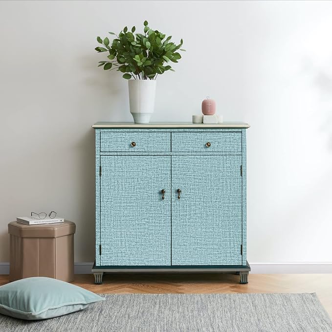 Teal Wallpaper Grasscloth Peel and Stick Wallpaper 17.7in x 118in | Faux Linen Vintage Wallpaper Textured Removable Wall Paper Grass Cloth Cabinets Bedroom for Cabinet Self Adhesive Vinyl - Image 3