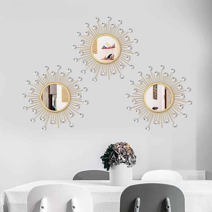 3 Pack Metal Mirrors for Wall Sunburst Wall Mirrors Home Décor Decorative Hanging Wall Art for Living Room Bedroom Entryway (Gold Crystal, Sunburst) - Image 5
