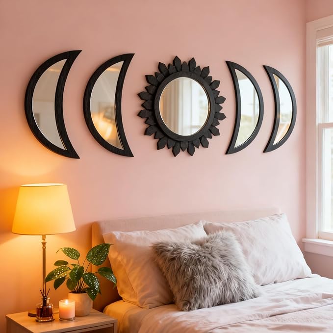 5 Pieces Moon Phase Mirror Wall-Mounted Wall Decor Mirrors Natural Wooden Sunburst Bohemian Wall Art for Home Living Room Bedroom Decoration by CPCDACSK