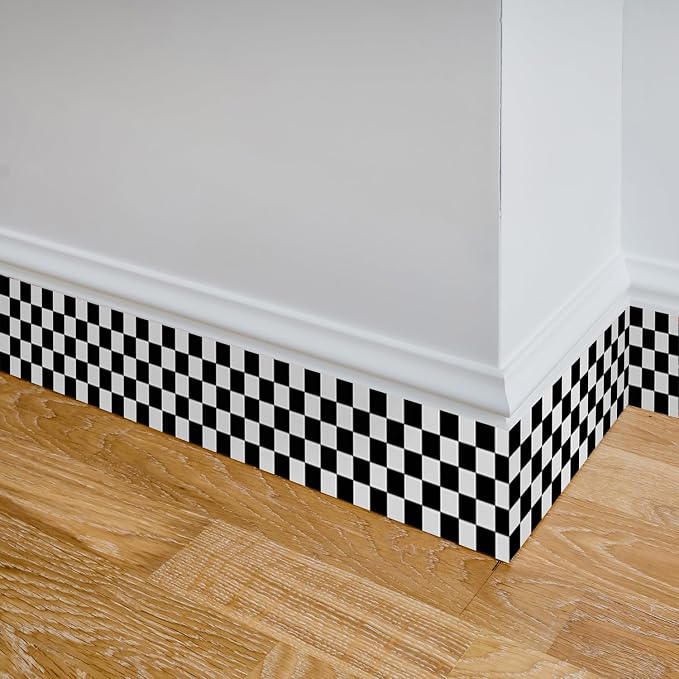 Checkered Wall Border Stickers Peel and Stick Black and White Skirting Self Adhesive Bathroom Waist Line Decal Vinyl Wallpaper - Image 2