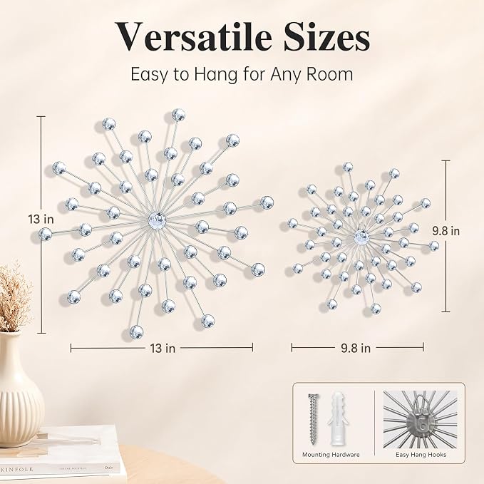 ZEXUIRU 4 Set Silver Starburst Wall Art for Home Decor Metal Bling Crystal Rhinestones Sunburst Wall Decor Sparkling Rhinestone Art Accent Silver - 13 in - Image 3