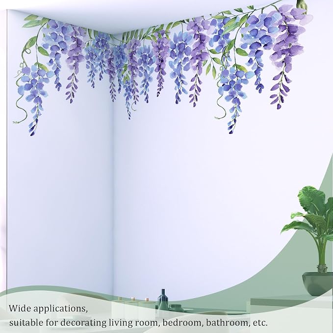 Purple Flowers Wall Decals Peel and Stick, Large Wisteria Floral Vinyl Wall Stickers, Removable Vine Home Decor Art for Bedroom Living Room Classroom Office - Image 4