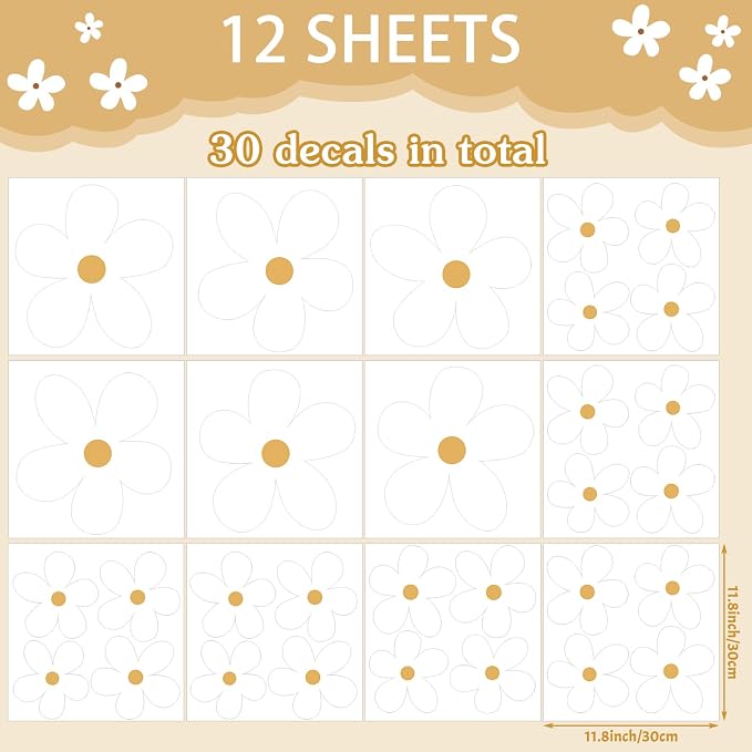 TaoBary 12 Sheet White Daisy Wall Sticker Decal Big Cute Flower Wall Decal | Large Flower Wall Sticker, Floral Decal, Daisy Bedroom Room Decor, Removable Peel and Stick, Nursery Home Wall Decor - Image 2