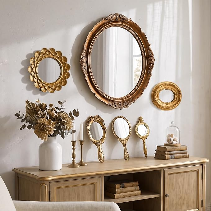 Kathfly 6 Pack Vintage Gold Mirror for Wall Gold Antique Wall Hanging Mirrors for Bedroom Decorative Resin Frame Baroque Style Assorted Sizes Tabletop Tray for Gallery Home Living Room Decor(Mixed) - Image 7