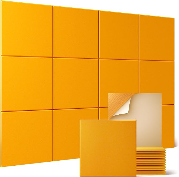 Sonicism 12 Pack Acoustic Wall Panels with Self-Adhesive, 12" X 12" X 0.4" Sound Proof Foam Panels, Decorative Soundproof Wall Panels, Sound Proof Absorbing Tiles for Home & Offices, Orange Yellow by Sonicism