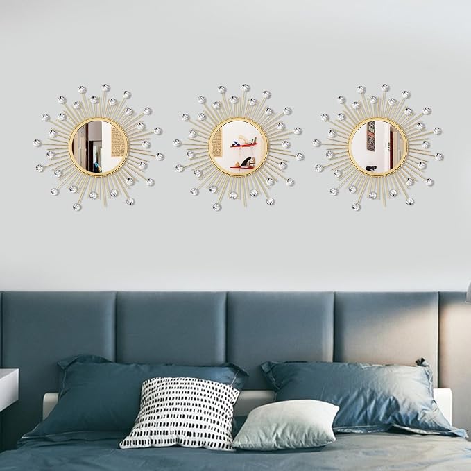 3 Pack Metal Mirrors for Wall Sunburst Wall Mirrors Home Décor Decorative Hanging Wall Art for Living Room Bedroom Entryway (Gold Crystal, Sunburst) - Image 6