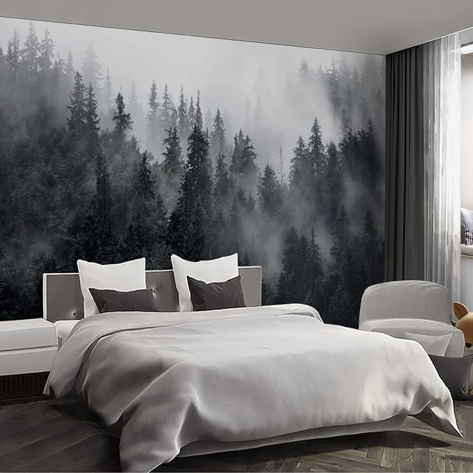 Misty Forest Landscape Large wall murals Woodland Tree Peel and Stick self Adhesive Wallpaper for Bedroom Living Room - 108"x157" by Fightal