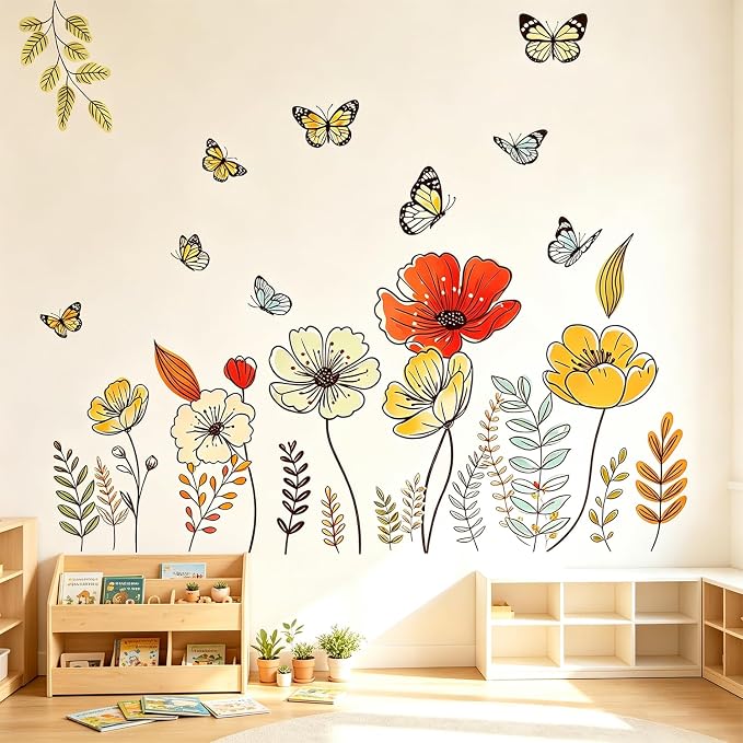 Boho Floral Flowers Wall Decals, Wildflower Butterfly Plants Wall Stickers | Rustic bohemia flowers leaves peel and stick wall decor, removable vinyl wall art mural decoration for bedroom living room - Image 3