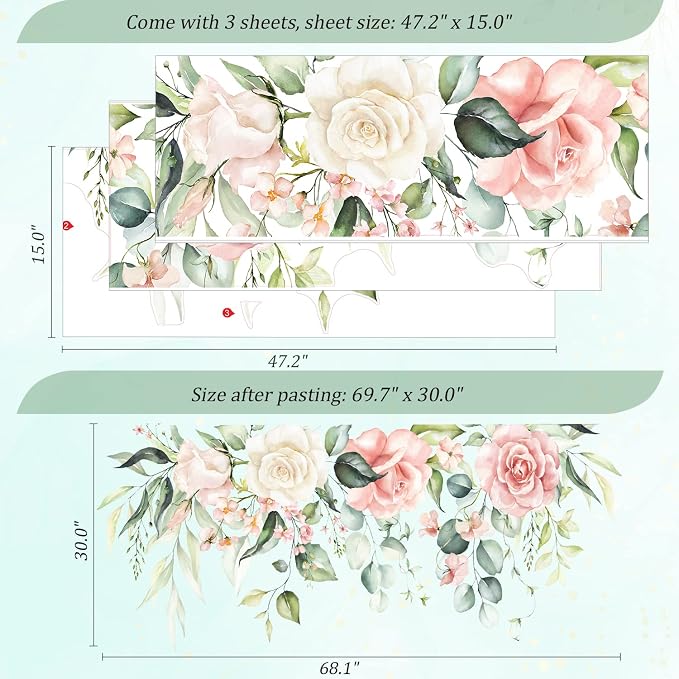 Flowers Leaves Wall Decals Peel and Stick, Large Hanging Floral Vinyl Wall Stickers, Removable Vine Home Decor Art for Bedroom Living Room Classroom Office - Image 2