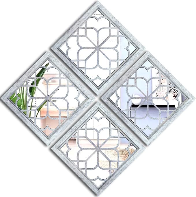 Wocred Set of 4 Mirrors Square Wall Mirror,Gorgeous Rustic Farmhouse Accent Mirror,Rustic White Color Entry Mirror for Bathroom Renovation,Bedrooms,Living Rooms and More(12”x12”4pcs) by Wocred