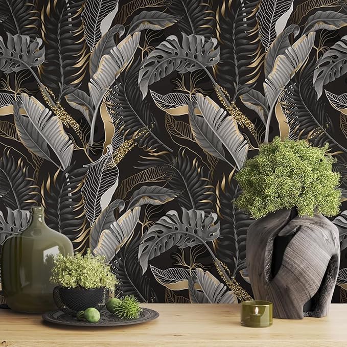 MuralPeel Modern Black Gold Tropical Plant Leaf Dark/Grey Peel and Stick Wallpaper Self Adhesive Removable Easy Peel Off Contact Stick on Wall Paper for Bedroom Renter - Image 2