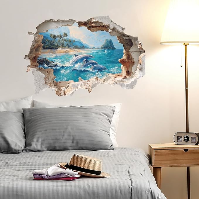 Dolphin Ocean Wall Decals Stickers, Sea Landscape Animal Wall Art Peel and Stick, Removable Vinyl Wall Decor for Bedroom, Living Room, Office, Home Decoration - Image 9