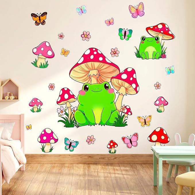 Frog Mushroom Butterfly Wall Decals, Floral Flowers Nursery Wall Stickers | Adorable forest butterflies flowers peel and stick wall decor, removable vinyl wall art mural for kids bedroom preschool - Image 4