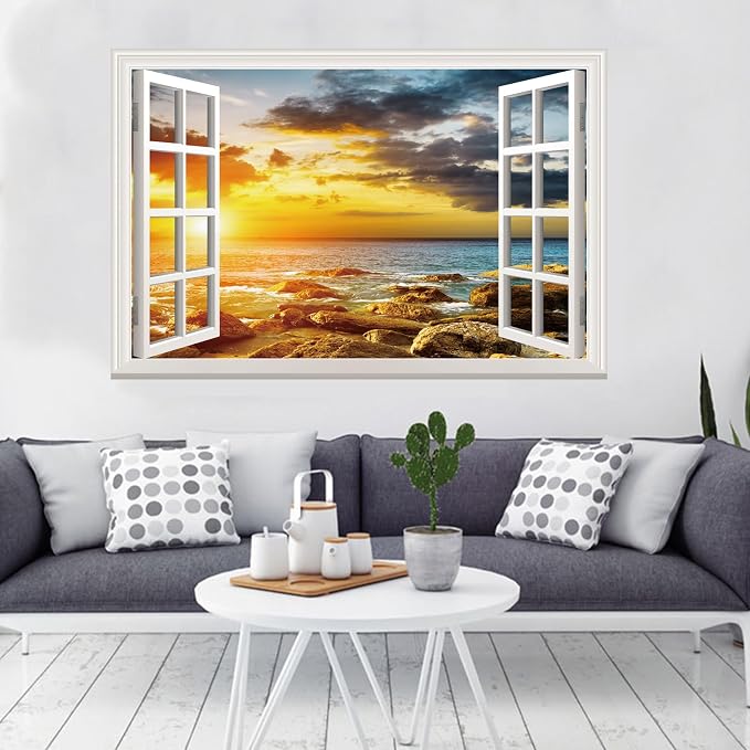 Fake Window Wall Sticker- Sunset Beach Seascape Open Wall Art Decal | Faux Window Ocean Natural Landscape Mural｜Stick and Peel Wall Decals｜Room Bedroom Office Scene Decor｜48"x32",Set of 2 Sheets - Image 5