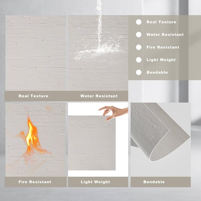 3D Wall Panels - 4PCS 47.2"x23.6" Faux Stone Wall Covering - MCM Modified Clay Material for Home Art, Accent Brick, Modern Exterior/Interior Decoration, Covering 31 sq.ft Reef White - Image 7