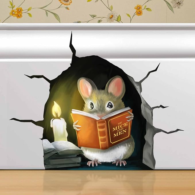 3D Mouse Reading Book in Mouse Hole, Decal Sticker, Removable Wall Decor, Book Lover Gift Idea, Baseboard, Wall Sticker Decal, Kids Room, Classroom, Library by Micesterpiece