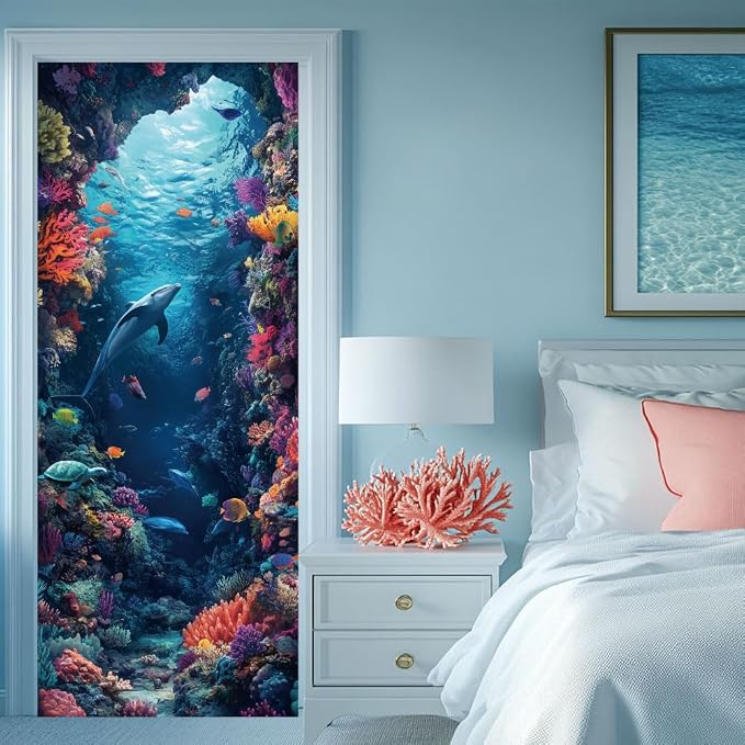 arricraft 2 Pcs Self-Adhesive Door Sticker, 31.5"x78.7" Sea Creature Door Murals Stickers Dolphins PVC Door Removable Wallpaper Decoration for Bedrooms ​Living Room - Image 5