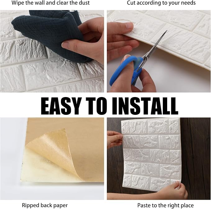 Tinlade 30 Pcs 3D Wall Panels Peel and Stick Wallpaper Foam, White | Faux Brick Stone Tiles, Covering 28.8-48.4 Sq ft, Self Adhesive Waterproof Panels for Bedroom Living Room Kitchen Walls - Image 5