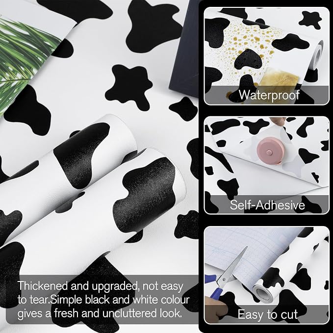Black and White Spots Contact Paper Cow Printed Peel and Stick Wallpaper 17.3”x120” Self-Adhesive Cute Wallpapers Vinyl White Black Decals for Walls Bedroom Living Room Nurseryls - Image 2