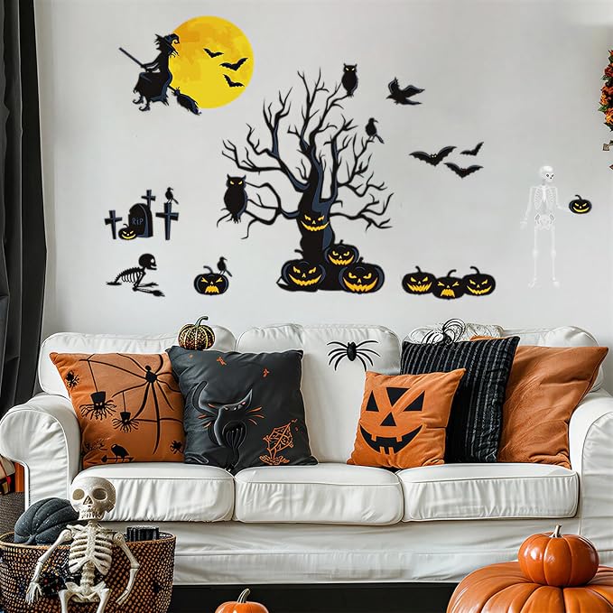 Halloween Wall Decals Large Spooky Dead Tree Pumpkin Wall Sticker Witch Flying to Moon Skeleton Bats Owl Graves Removable Vinyl Window Clings DIY Haunted House Holiday Home Party Decorations - Image 8