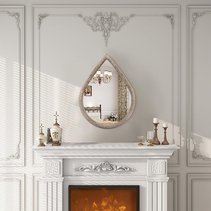 Small Mirror for Wall Solid Wood Bathroom Mirror Farmhouse Teardrop Wall Hanging Mirrors Decorative for Entryway Hallway Living Room Bedroom Retro Brown - Image 3