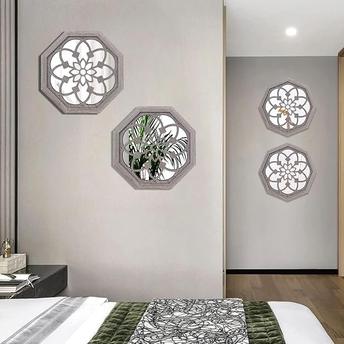 ZOLAPI 2 PCS Octagon Wall-Mounted Mirrors,Vintage Farmhouse Mirror for Wall Decor,Barn Wood Color Decorative Accent Mirror for Foyer, Bathroom, Bedroom. (12”x12”) - Image 3